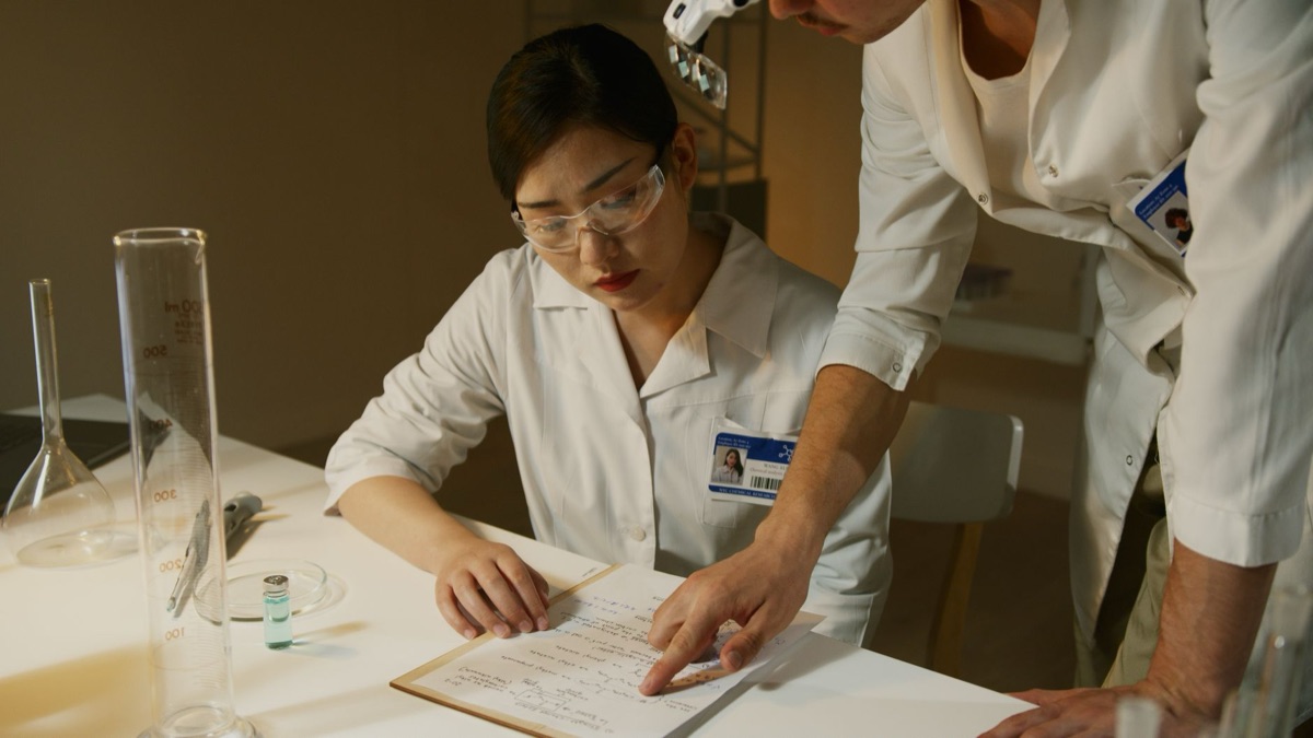 Korean AI researcher in lab analyzing data