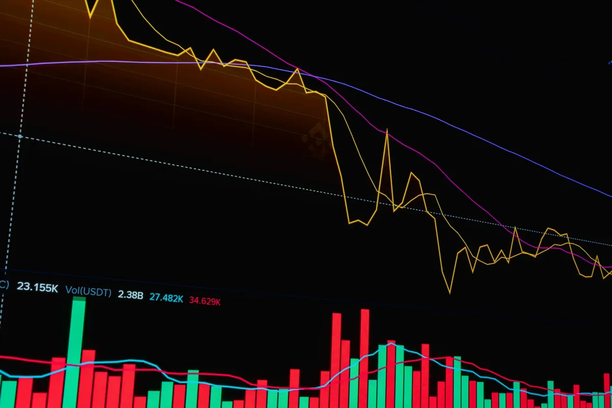 Colorful stock market chart displaying trading volume and trends, ideal for financial analysis.