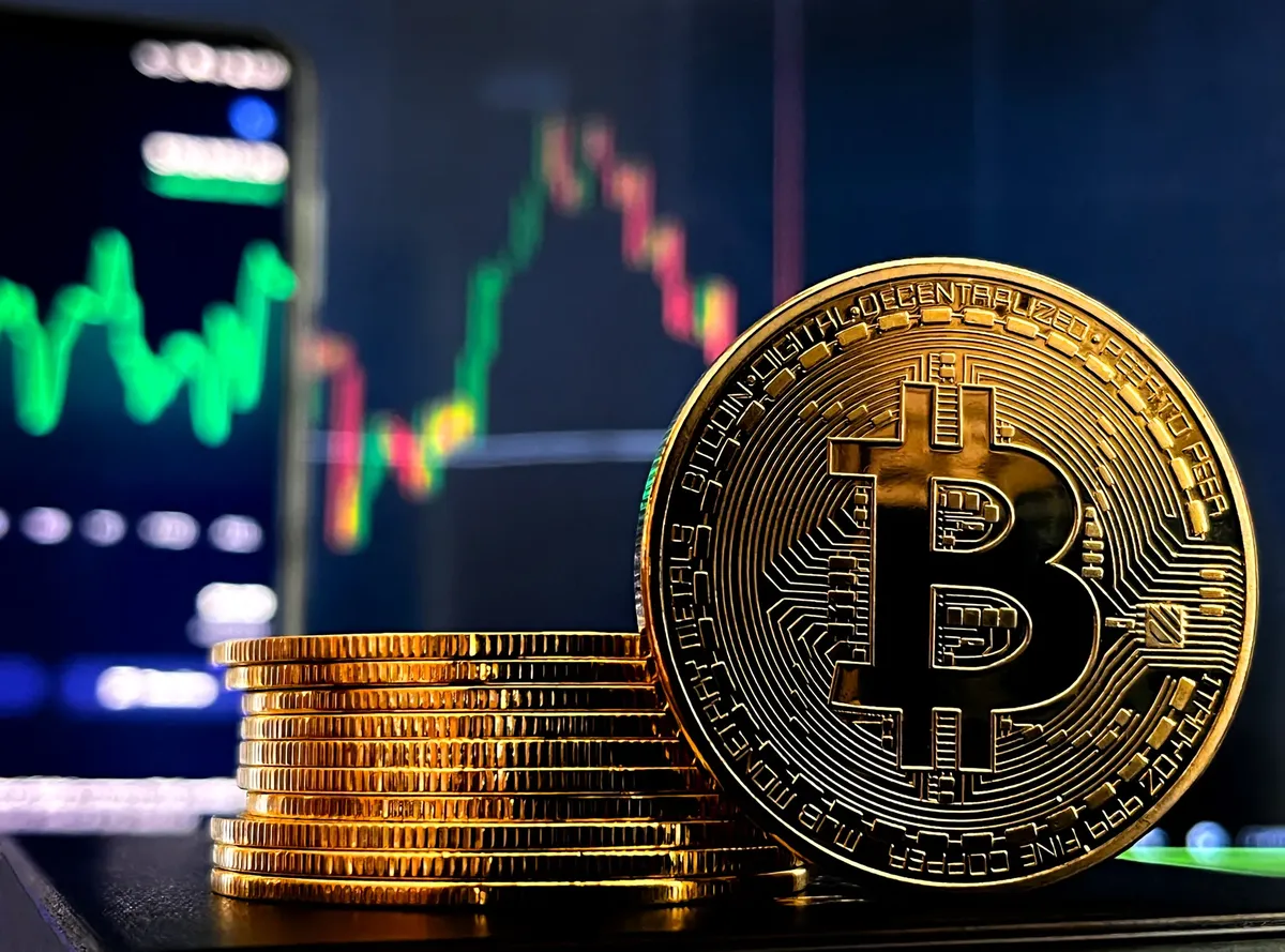 Stack of Bitcoin coins in front of a colorful stock market graph display.