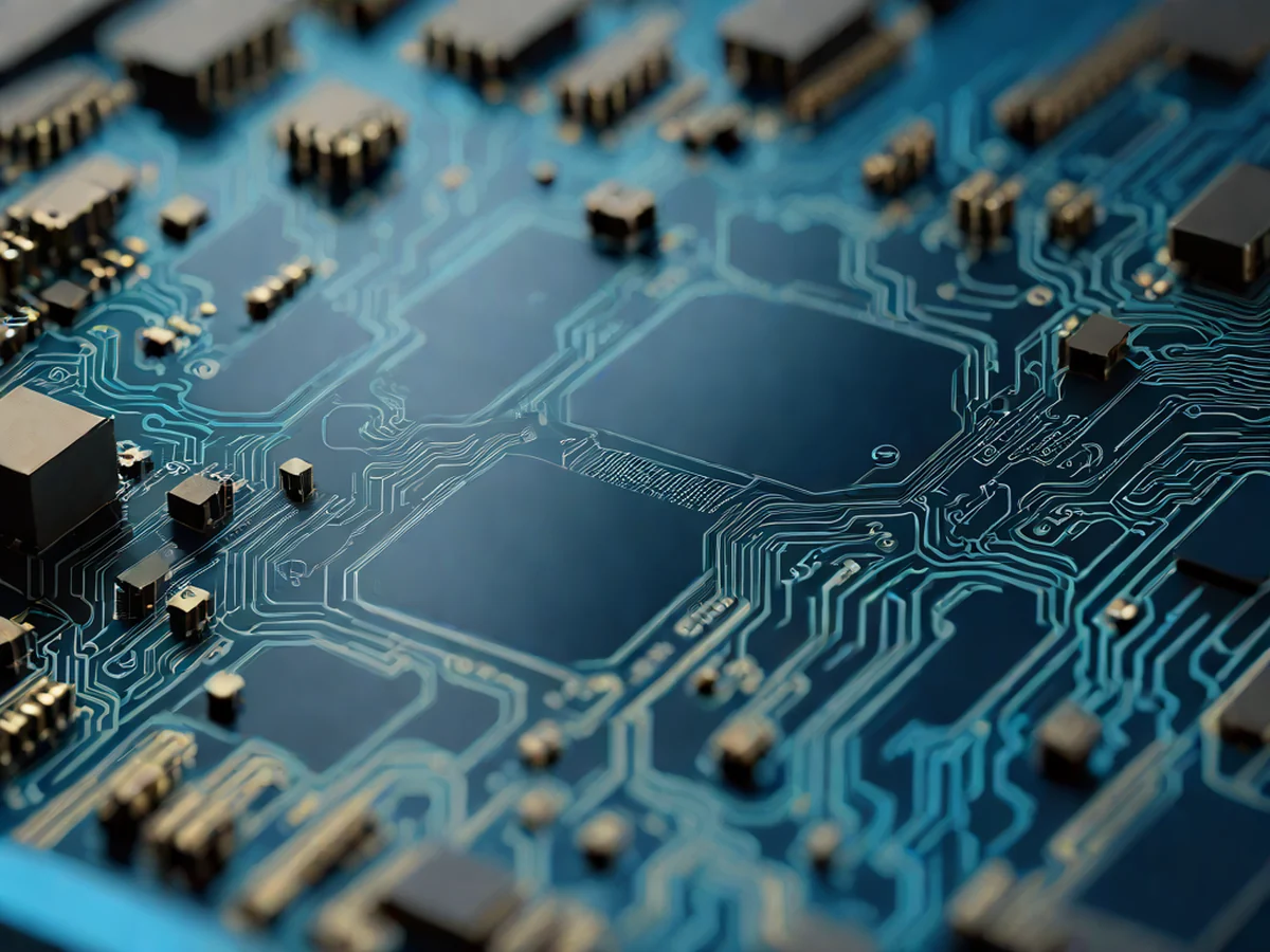 Close-up of internal circuit structure in core equipment for information security technology, intricate details of microchips and glowing blue circuit patterns