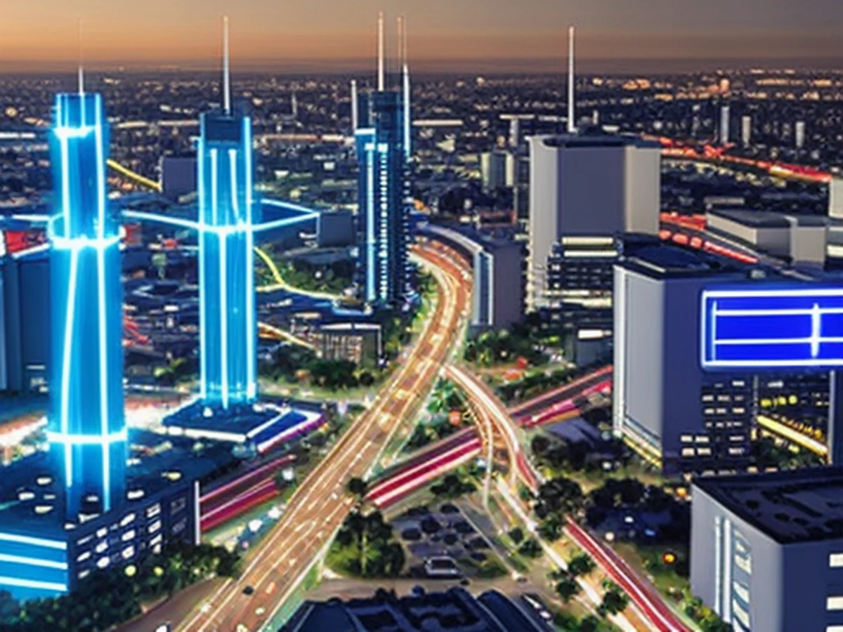 Night view of a futuristic smart city featuring 6th generation mobile communication and information security technologies, with autonomous vehicles connected to traffic lights and security data transmission towers illuminated by soft blue light.