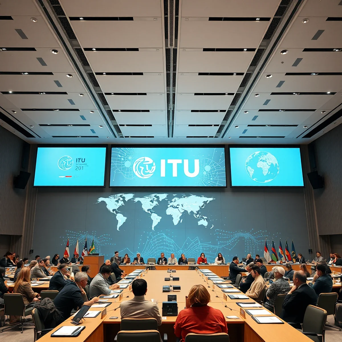 Panoramic view of the International Telecommunication Union conference held in Geneva, Switzerland, featuring a large digital screen displaying a global network diagram and modern interior ambiance of the conference room.