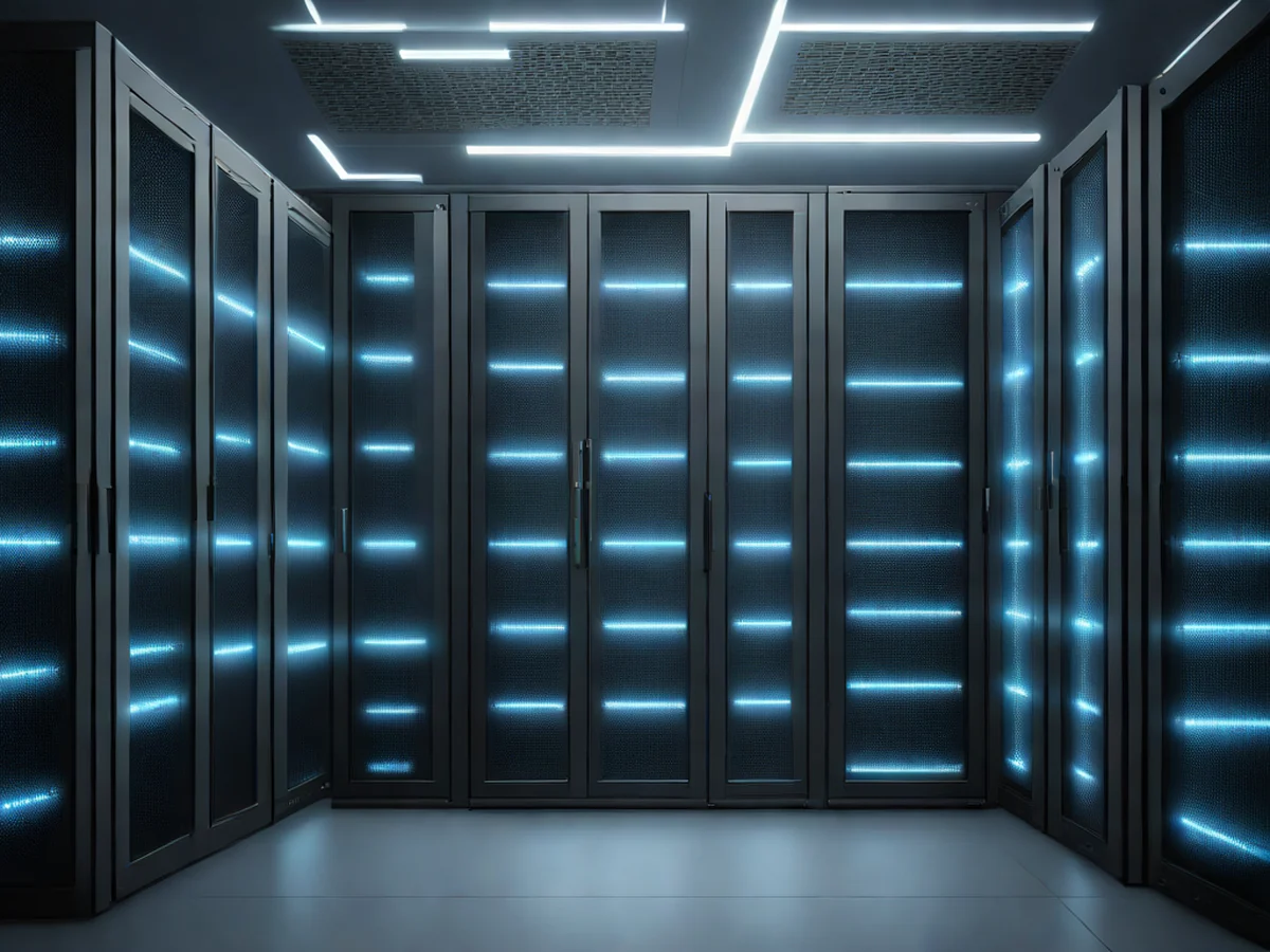 Nahaufnahme eines leistungsstarken Server-Racks im minimalistischen Datacenter. Digitale Datenströme leuchten blau und weiß entlang der Leiterplatten und Kühlbleche des Servers.