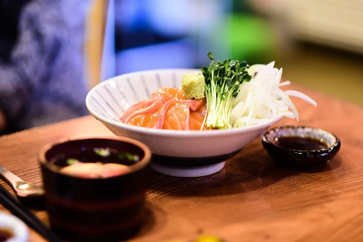 salmon, salmon plate with rice, japanese, restaurant, korean food, food photography, dining, side dish, food, korean