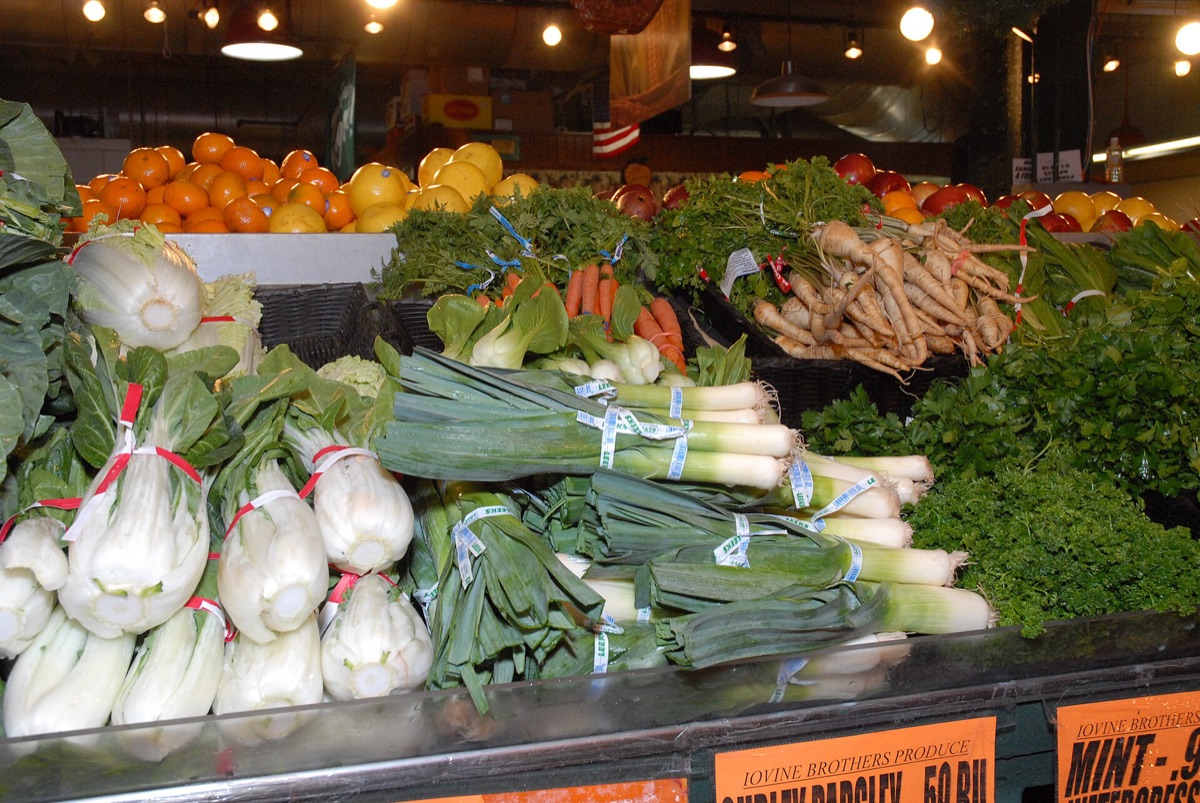 local market with fresh seafood and vegetables