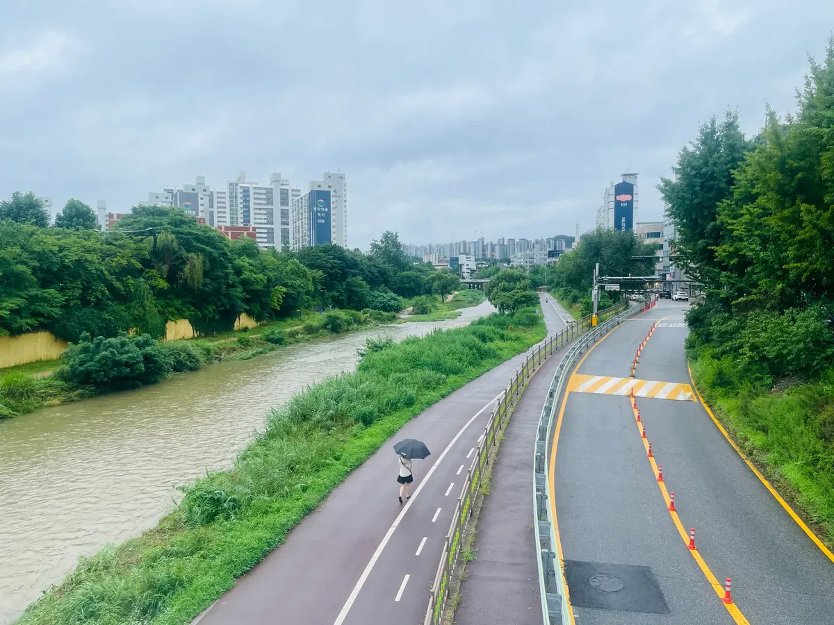 A person walks with an umbrella on a riverside path in Seoul, South Korea.
